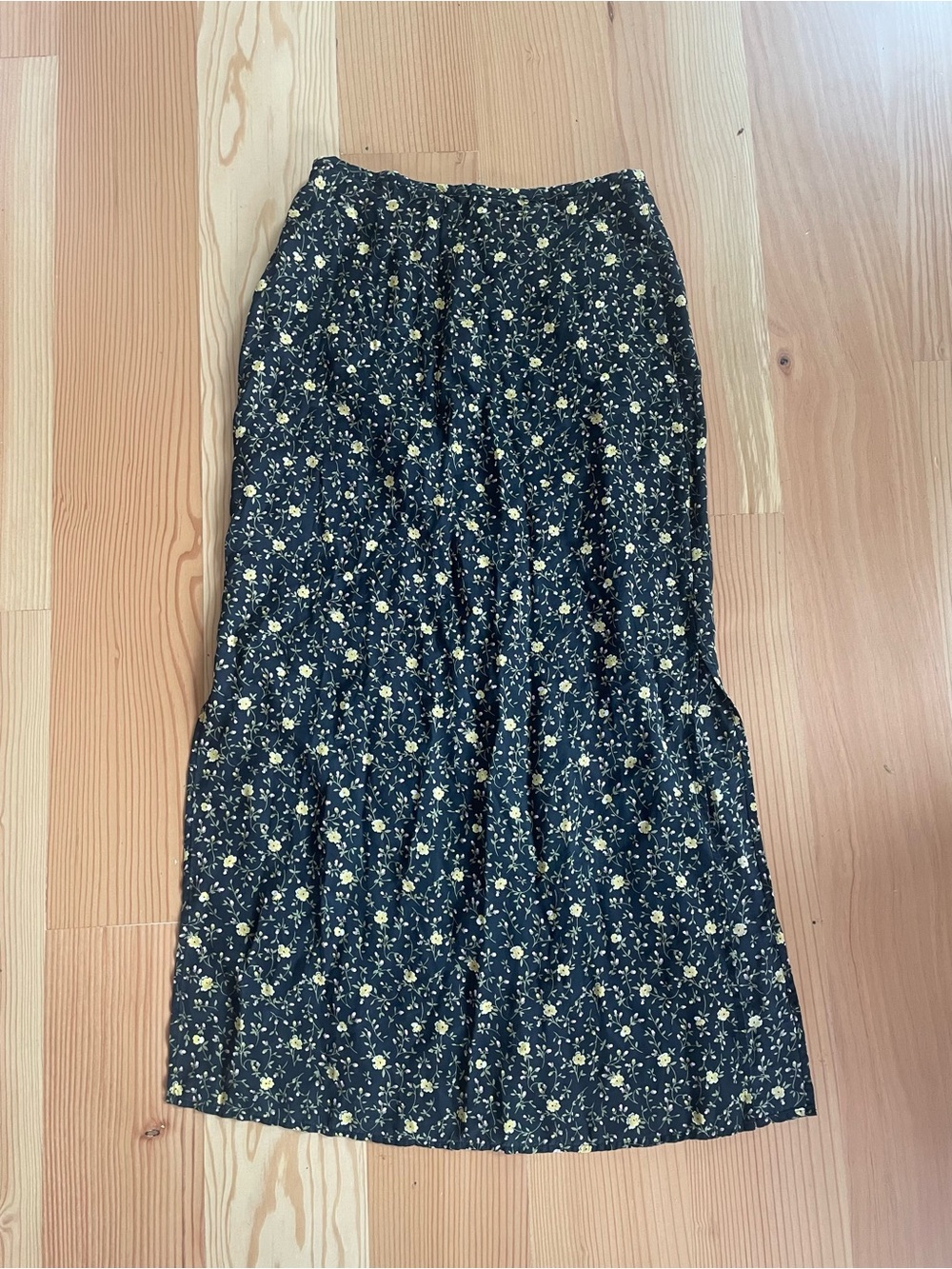 Vintage 90s 100% silk Black Midi Skirt Yellow Floral fall practical magic